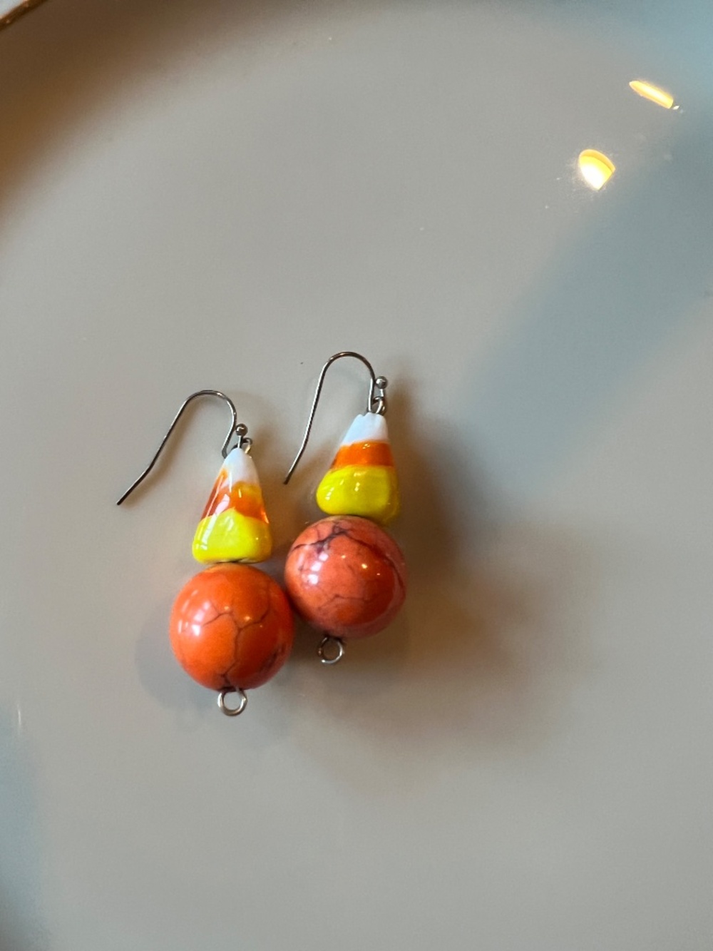 Candy Corn Earrings Orange Jasper Bead w Sterling Silver Fishhook handmade NWT - Picture 2 of 3